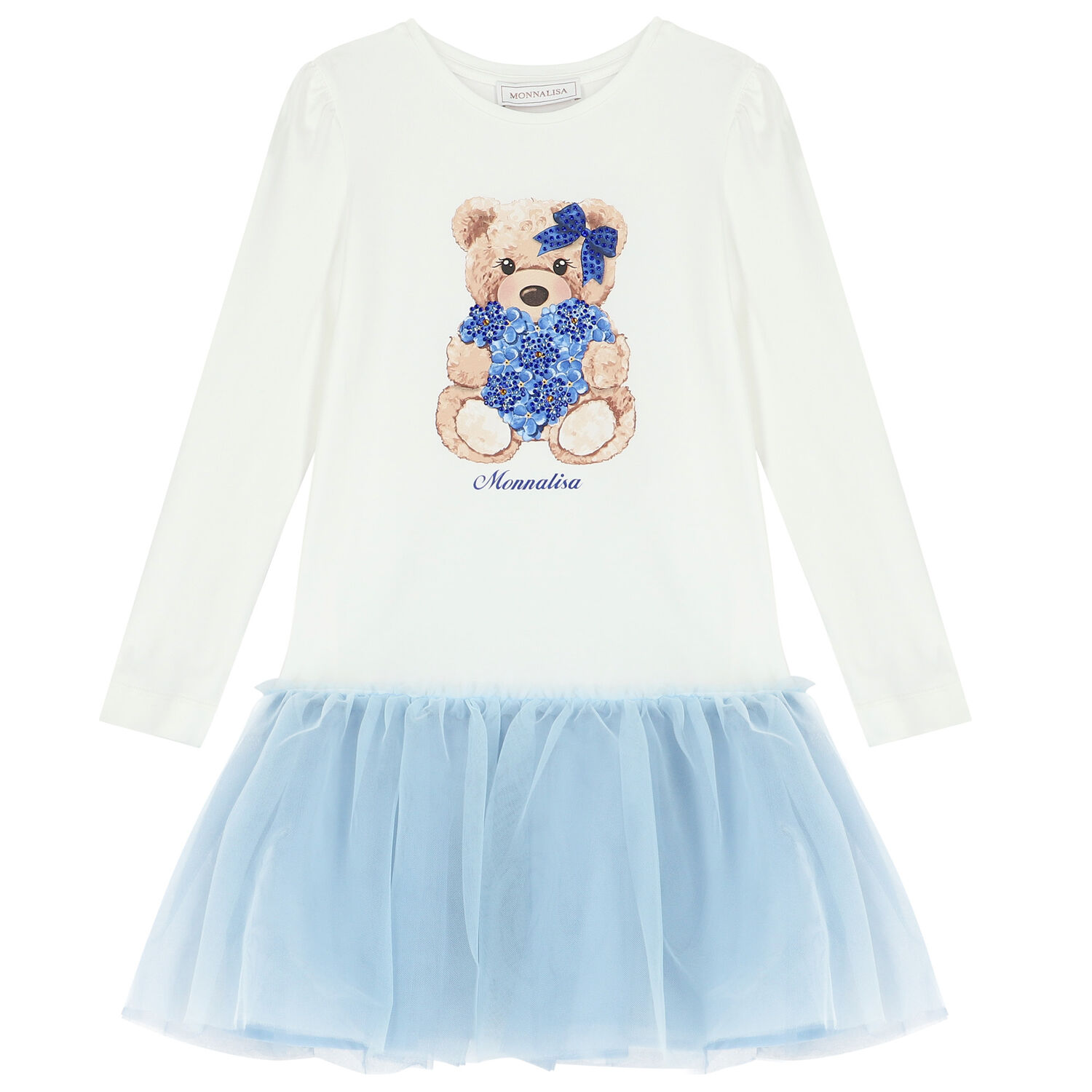 Girls White & Blue Teddy Tulle Dress, 1, hi-res image number null